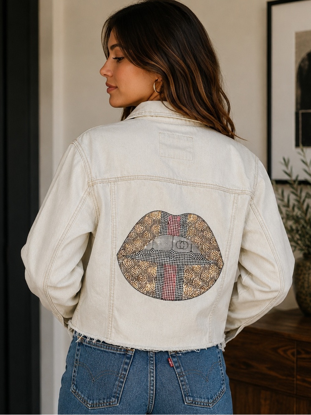 Gucci logo custom Light Wash Denim Jean Jacket with Rhinestone Lips by xoxoE